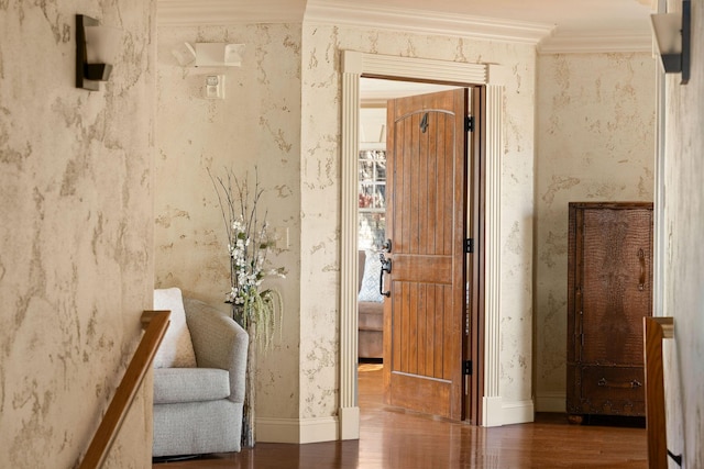 120 N 4th St, Branson, MO 65616 - hall featuring wood finished floors, crown molding, and wallpapered walls
