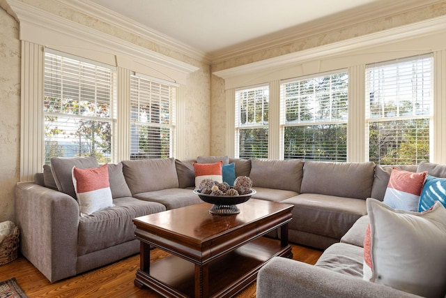 120 N 4th St, Branson, MO 65616 - living area featuring wallpapered walls, wood finished floors, and ornamental molding