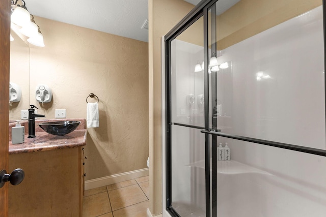 120 N 4th St, Branson, MO 65616 - bathroom with tile patterned floors, vanity, a shower stall, and a textured wall