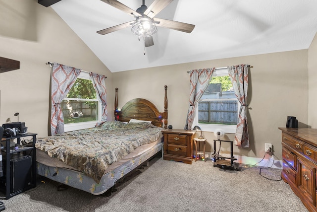 2019 N Rogers Ave, Springfield, MO 65803 - carpeted bedroom featuring multiple windows, vaulted ceiling, and ceiling fan