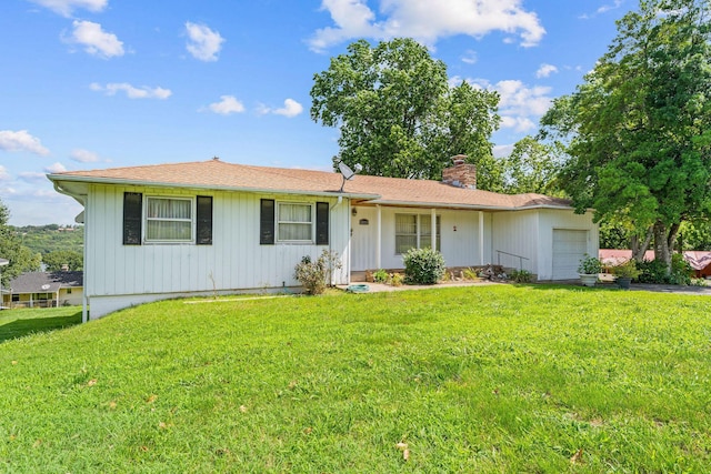 25720 Hillcrest Dr, Shell Knob, MO 65747 - single story home with a garage, a front lawn, a chimney, and board and batten siding