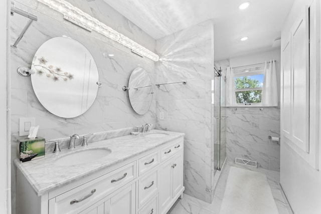 25720 Hillcrest Dr, Shell Knob, MO 65747 - bathroom featuring marble finish flooring, a marble finish shower, double vanity, and recessed lighting