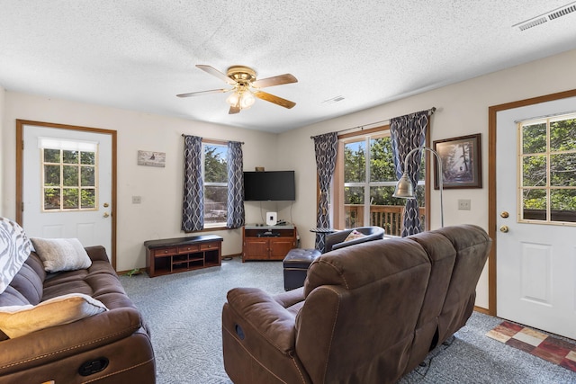 310 Turtle Cove Ln, Reeds Spring, MO 65737 - carpeted living room featuring ceiling fan and a textured ceiling