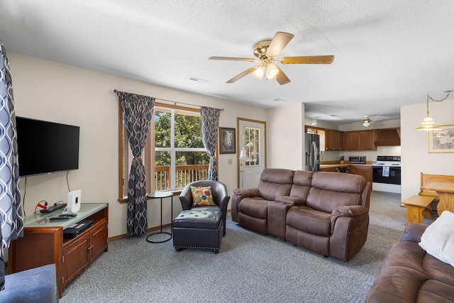 310 Turtle Cove Ln, Reeds Spring, MO 65737 - living room with a ceiling fan, light carpet, and a textured ceiling
