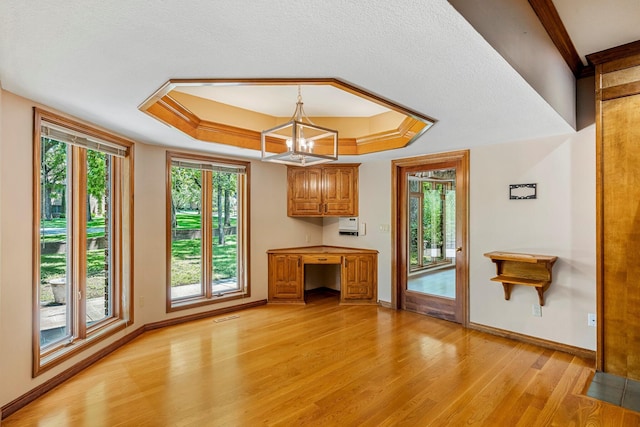 2347 E Nottingham St, Springfield, MO 65804 - unfurnished living room with a tray ceiling, light wood-type flooring, and a chandelier