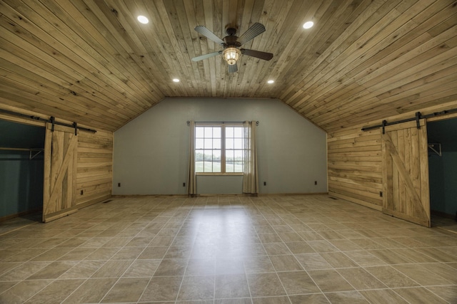 12132 W Farm Road 18, Walnut Grove, MO 65770 - bonus room featuring a barn door, wood walls, ceiling fan, vaulted ceiling, and recessed lighting