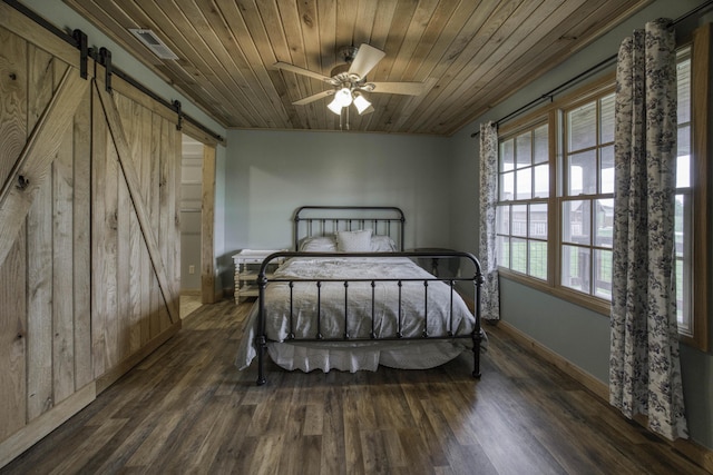 12132 W Farm Road 18, Walnut Grove, MO 65770 - bedroom featuring a barn door, wooden ceiling, wood finished floors, and ceiling fan