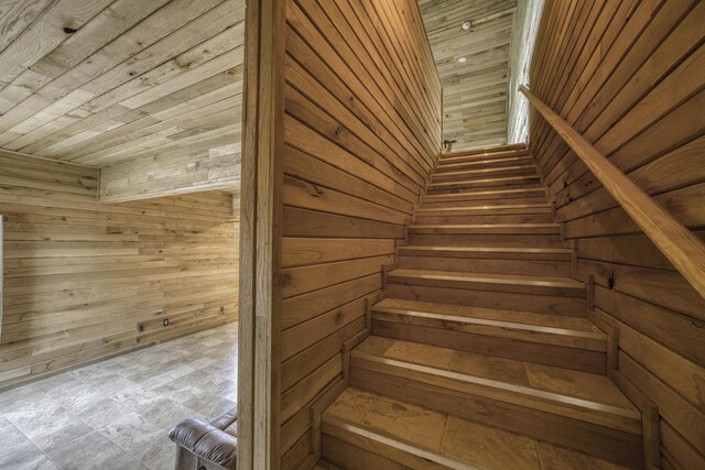 12132 W Farm Road 18, Walnut Grove, MO 65770 - staircase featuring wood walls and wooden ceiling