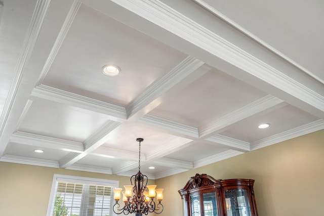 358 Spring View Pl, Reeds Spring, MO 65737 - detailed view of coffered ceiling, beamed ceiling, a chandelier, and recessed lighting