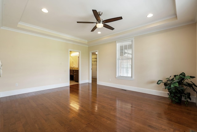 358 Spring View Pl, Reeds Spring, MO 65737 - unfurnished room with ceiling fan, hardwood / wood-style floors, crown molding, a raised ceiling, and recessed lighting