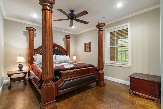 358 Spring View Pl, Reeds Spring, MO 65737 - bedroom with dark wood-type flooring, ornate columns, recessed lighting, ornamental molding, and ceiling fan