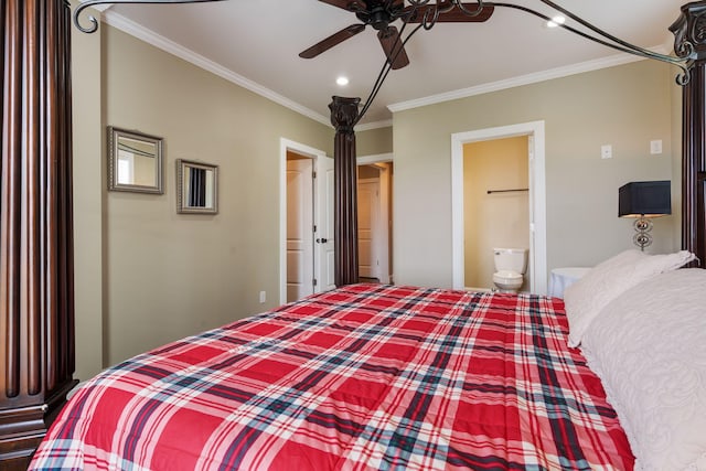 358 Spring View Pl, Reeds Spring, MO 65737 - bedroom with ornamental molding, connected bathroom, recessed lighting, and ceiling fan