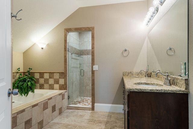 358 Spring View Pl, Reeds Spring, MO 65737 - full bathroom featuring a garden tub, a stall shower, double vanity, and lofted ceiling