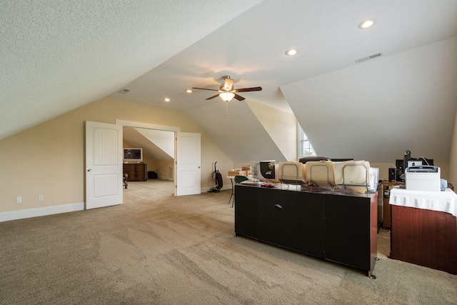 358 Spring View Pl, Reeds Spring, MO 65737 - office space featuring light carpet, lofted ceiling, a ceiling fan, and recessed lighting