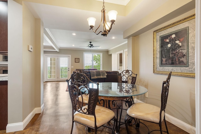 358 Spring View Pl, Reeds Spring, MO 65737 - dining area featuring a chandelier, crown molding, recessed lighting, ceiling fan, and wood finished floors