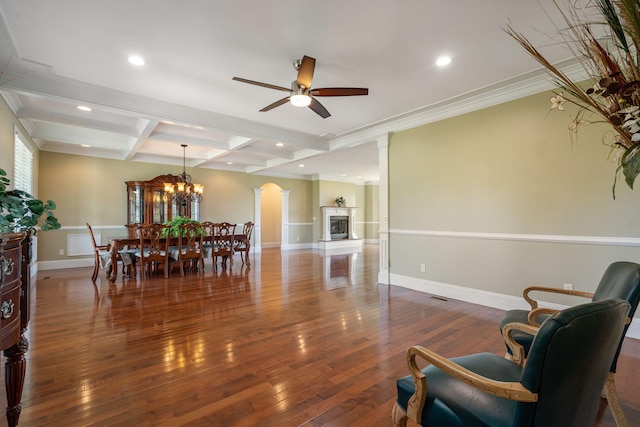 358 Spring View Pl, Reeds Spring, MO 65737 - dining space featuring ceiling fan, beam ceiling, hardwood / wood-style floors, a chandelier, and recessed lighting