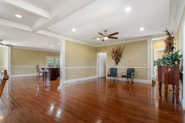 358 Spring View Pl, Reeds Spring, MO 65737 - living area featuring a ceiling fan, decorative columns, crown molding, wood-type flooring, and recessed lighting