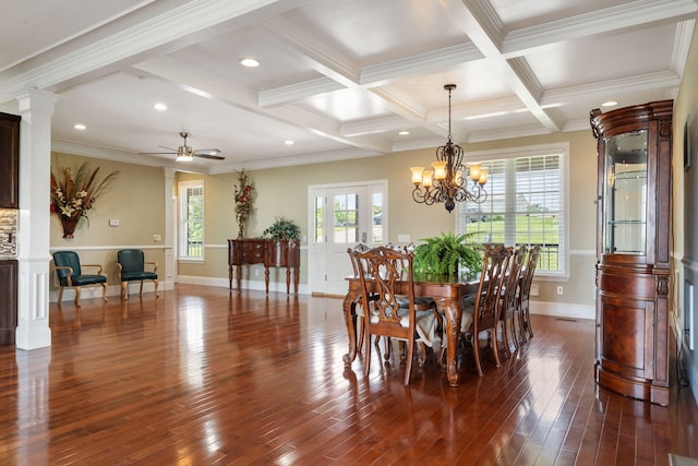 358 Spring View Pl, Reeds Spring, MO 65737 - dining space with dark wood-style floors, ornate columns, beam ceiling, recessed lighting, and a ceiling fan