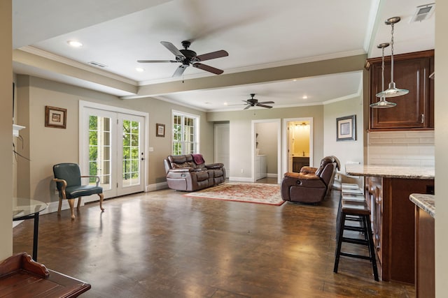 358 Spring View Pl, Reeds Spring, MO 65737 - living room featuring a ceiling fan, ornamental molding, recessed lighting, and dark wood-style flooring