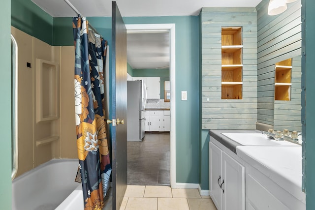 407 N Pine St, Pierce City, MO 65723 - full bath with vanity, shower / bathtub combination with curtain, tile patterned floors, and decorative backsplash