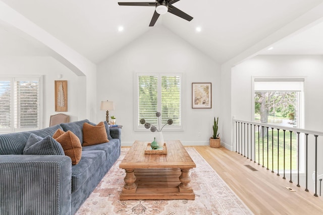 1303 E Eaglegate Pkwy, Springfield, MO 65804 - living room with a ceiling fan, light wood-style flooring, healthy amount of natural light, recessed lighting, and high vaulted ceiling