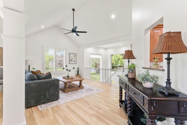 1303 E Eaglegate Pkwy, Springfield, MO 65804 - living room featuring ceiling fan, healthy amount of natural light, wood finished floors, high vaulted ceiling, and recessed lighting