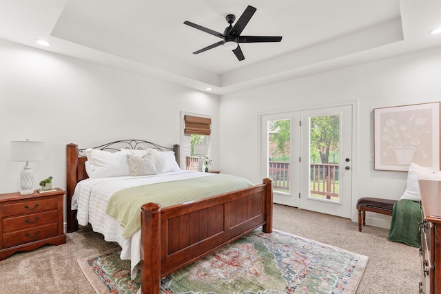 1303 E Eaglegate Pkwy, Springfield, MO 65804 - bedroom featuring carpet floors, access to exterior, a tray ceiling, recessed lighting, and ceiling fan