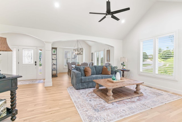 1303 E Eaglegate Pkwy, Springfield, MO 65804 - living room with decorative columns, high vaulted ceiling, light wood-style floors, a ceiling fan, and recessed lighting