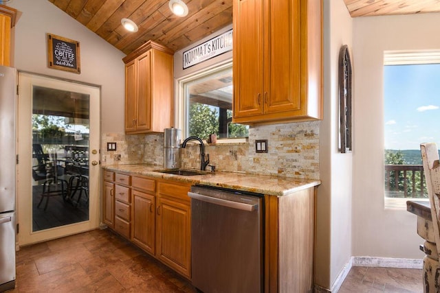 10626 W State Highway 76, Cape Fair, MO 65624 - kitchen featuring dishwasher, wood ceiling, decorative backsplash, light stone counters, and vaulted ceiling