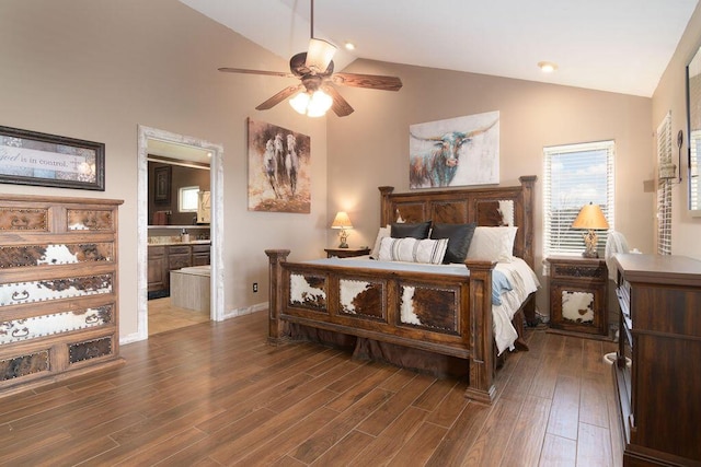 10626 W State Highway 76, Cape Fair, MO 65624 - bedroom featuring lofted ceiling, dark wood-style floors, ensuite bathroom, and a ceiling fan