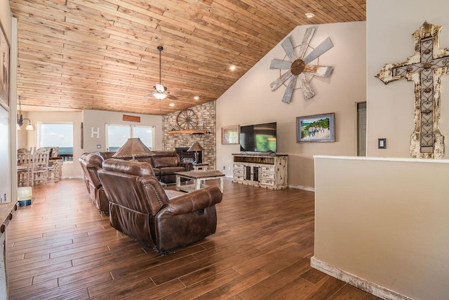 10626 W State Highway 76, Cape Fair, MO 65624 - living room featuring ceiling fan, high vaulted ceiling, wooden ceiling, a large fireplace, and dark wood finished floors