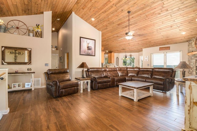 10626 W State Highway 76, Cape Fair, MO 65624 - living room featuring ceiling fan, wooden ceiling, high vaulted ceiling, and wood finished floors