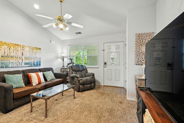 530 Spring Creek Ct Unit 5-10, Branson, MO 65616 - living area featuring ceiling fan, tile patterned floors, carpet flooring, and high vaulted ceiling