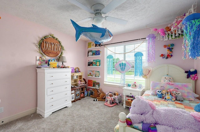 4531 W Somerset Dr, Battlefield, MO 65619 - bedroom featuring carpet, a textured ceiling, and ceiling fan