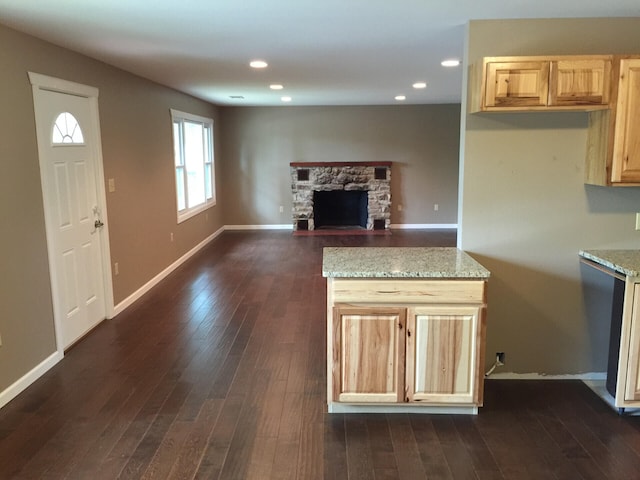 462 Campbell Point Rd, Shell Knob, MO 65747 - kitchen featuring light brown cabinetry, dark wood finished floors, a stone fireplace, recessed lighting, and light stone countertops