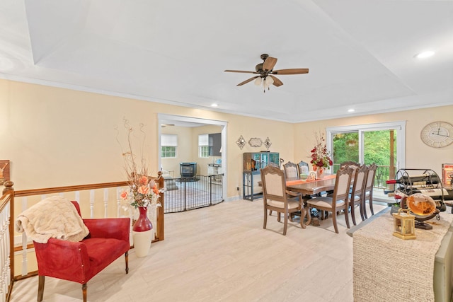 1850 E Farm Road 88, Springfield, MO 65803 - dining room with ceiling fan, a raised ceiling, crown molding, and recessed lighting