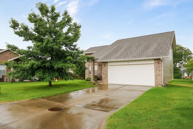 801 S Creekwood Ct, Nixa, MO 65714 - view of front of home featuring brick siding, a front yard, an attached garage, driveway, and roof with shingles