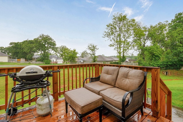 801 S Creekwood Ct, Nixa, MO 65714 - wooden deck with a grill, a lawn, and an outdoor living space