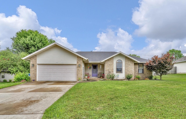 676 E Gallup Hill Rd, Nixa, MO 65714 - ranch-style house with a garage, brick siding, a front lawn, concrete driveway, and a shingled roof