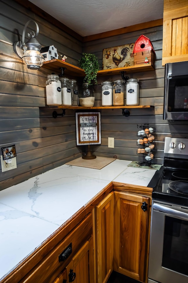 1950 N Crossway Rd, Fair Grove, MO 65648 - bar area featuring stainless steel electric range and wood walls