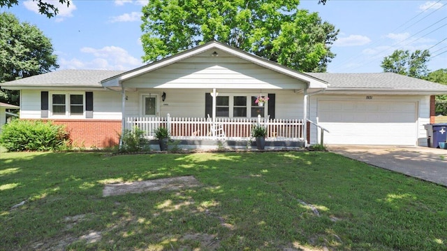 1931 Kay Dr, West Plains, MO 65775 - ranch-style house featuring a garage, covered porch, brick siding, and a front lawn
