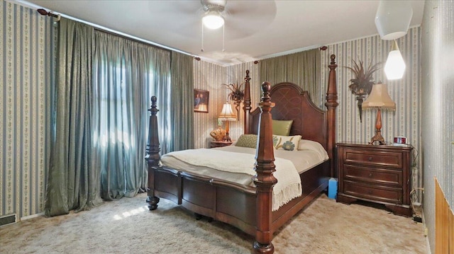 1931 Kay Dr, West Plains, MO 65775 - bedroom featuring wallpapered walls, carpet, crown molding, and a ceiling fan