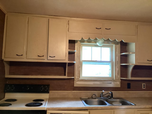 1231 W Main St, Fordland, MO 65652 - kitchen with electric stove, open shelves, white cabinetry, and light countertops