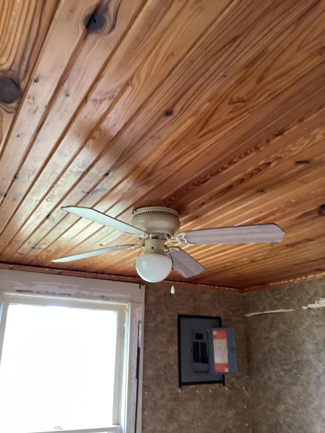 1231 W Main St, Fordland, MO 65652 - detailed view of wood ceiling, electric panel, and ceiling fan