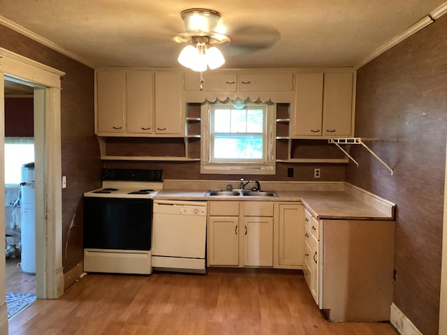 1231 W Main St, Fordland, MO 65652 - kitchen with white appliances, open shelves, light wood-style floors, a ceiling fan, and ornamental molding