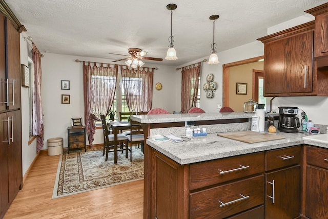 615 W Mchenry Ave, Billings, MO 65610 - kitchen with a peninsula, a ceiling fan, light wood-style flooring, and pendant lighting