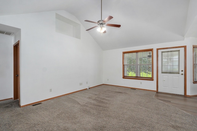 409 Ace Ct, Nixa, MO 65714 - carpeted empty room featuring ceiling fan and high vaulted ceiling