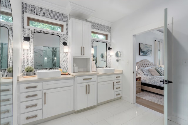 1373 E River Oak Dr, Springfield, MO 65803 - bathroom featuring ensuite bathroom, vanity, ornamental molding, a shower, and plenty of natural light
