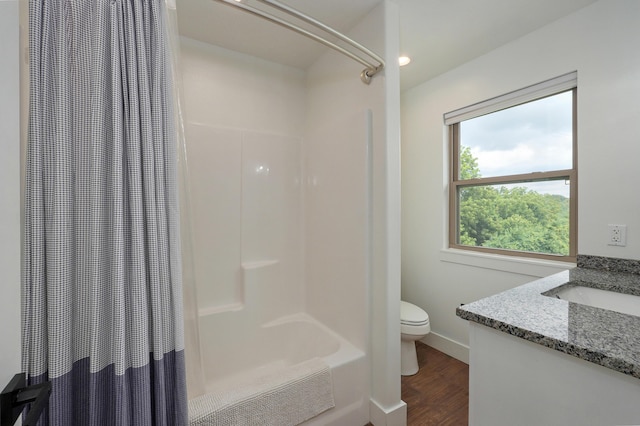 1373 E River Oak Dr, Springfield, MO 65803 - full bathroom with vanity, wood finished floors, and shower / bathtub combination with curtain