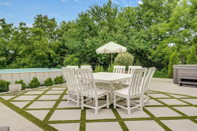1373 E River Oak Dr, Springfield, MO 65803 - view of patio / terrace with outdoor dining space, view of scattered trees, and a pool